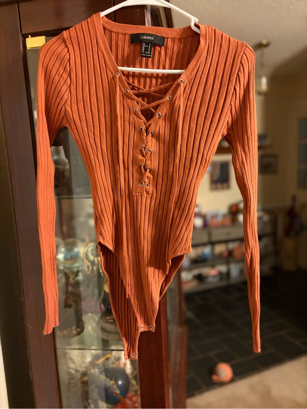 Forever 21 Rust Orange Ribbed Lace-Up Kids One-Piece Bodysuit